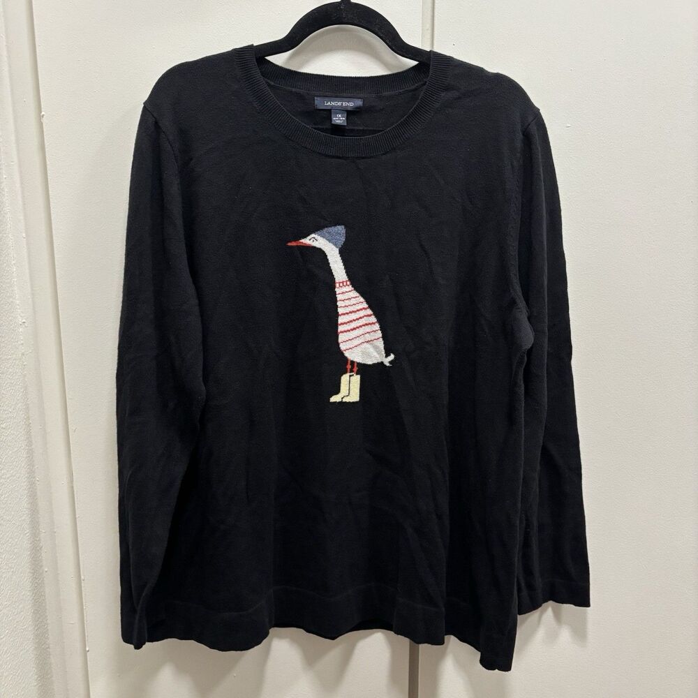 VTG Landsโ End Sz 1X Christmas Duck Sweater Knit Cashmere Blend Black
